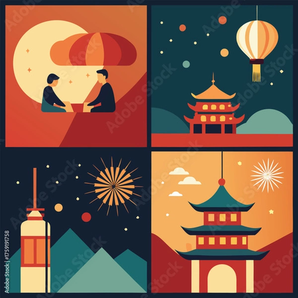 Obraz four illustrated festival scenes with lanterns  fi (2).eps