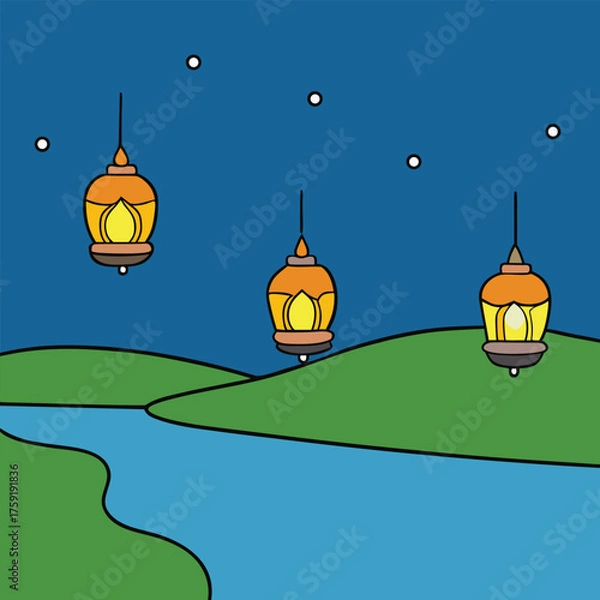 Obraz four lanterns floating above a river during diwali (1).eps