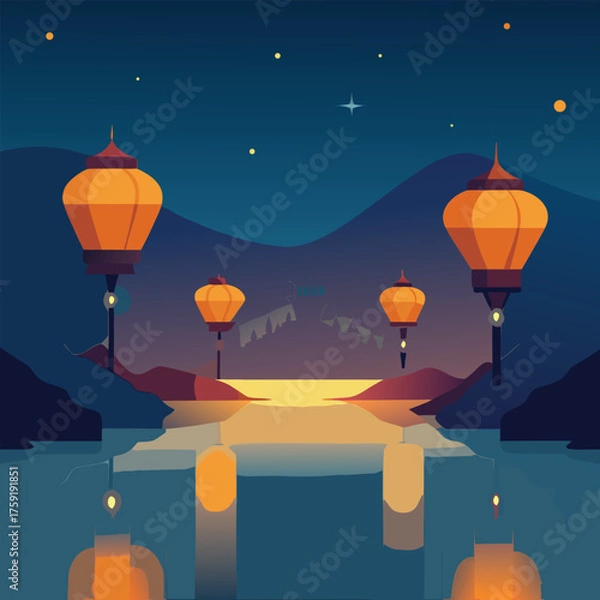 Obraz four lanterns floating above a river during diwali (2).eps
