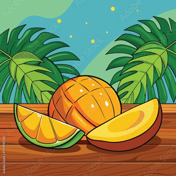 Obraz freshly sliced mango on a wooden table with tropic.eps