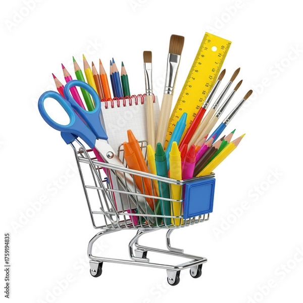 Obraz Illustration of shopping cart full of school supplies isolated on transparent background