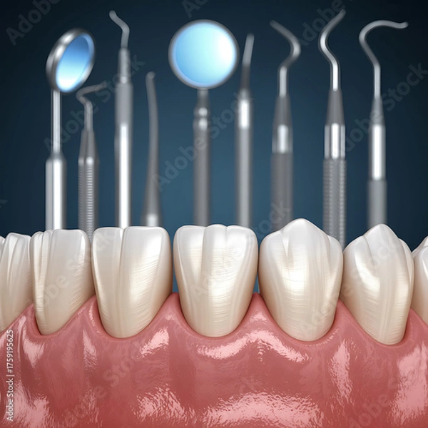Fototapeta Dental Tools and Healthy Teeth Close-Up