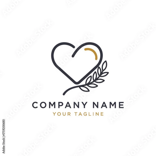 Fototapeta Elegant Heart Logo with Laurel Branch and Golden Accent.