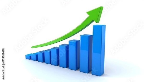 Fototapeta Blue bar graph with ascending columns and a green upward arrow indicating growth
