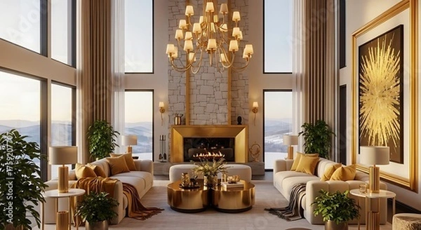 Obraz Luxurious living room with a grand fireplace, plush sofas, and opulent gold accents, overlooking a snowy landscape.