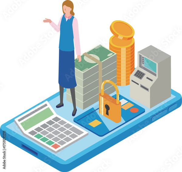 Obraz スマートフォンとオンラインバンキングと女性店員のイラスト