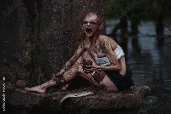 Fototapeta Portrait of a horrible scary fantasy style mystic creature. Horror or Halloween concept.