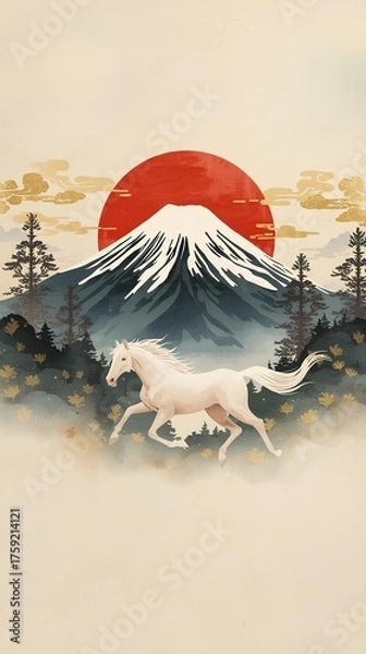 Fototapeta 背景素材 馬と富士山と日の丸 Background Horse, Mount Fuji, and the Hinomaru (the Japanese flag) （Generative AI）
