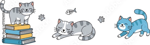 Obraz Cartoon Animal Vector Illustration with Cute Cats Books Paw Prints and Fish Bone Modern Style