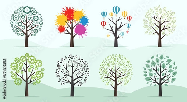 Fototapeta Six trees with colorful leaves and ornaments
