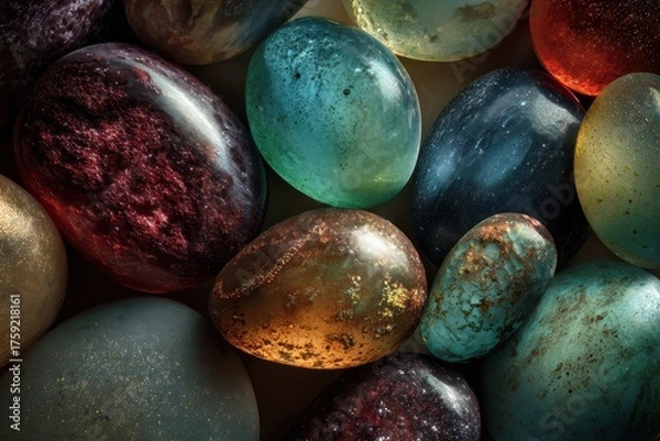 Fototapeta Polished Gemstones - A Colorful Array of Translucent Stones with Intricate Patterns.