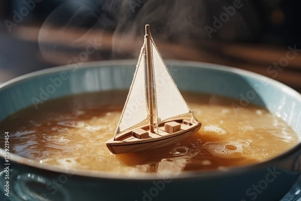 Obraz Sailboat soup bowl steam miniature surreal fantasy whimsical food liquid ocean background