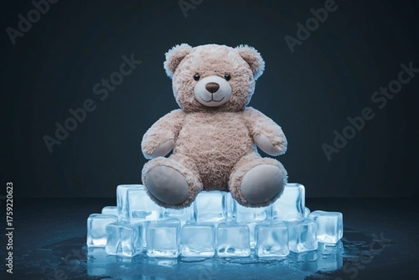 Obraz Teddy bear ice cubes pile cold soft contrast surreal fantasy whimsical dark background