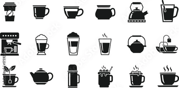 Fototapeta Collection of various coffee and tea beverage icons and silhouettes isolated on transparent background