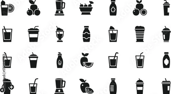 Fototapeta Collection of various beverage icons including smoothies juices coffee and blenders isolated on transparent background