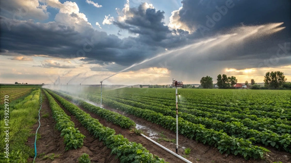 Obraz Automatic irrigation system spraying water over green farmland during sunset, representing modern agriculture, sustainability, and efficient water management.