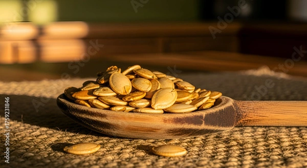 Obraz Close-up of roasted pumpkin seeds served in a rustic wooden spoon on a table