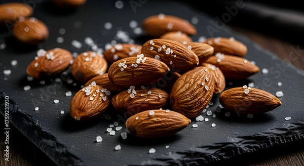 Fototapeta Close-up of salted almonds on a black slate, offering a healthy snack option