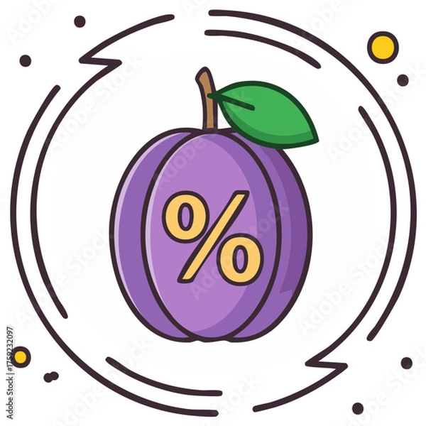 Fototapeta Cartoon Plum with Percentage Symbol in Rounded Arrows, Special Offer or Discount Concept for Marketing and Promotions