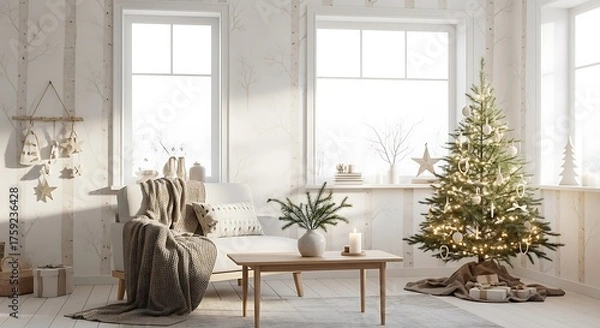 Obraz A cozy living room decorated for Christmas with a lit tree and warm sunlight streaming through the windows.