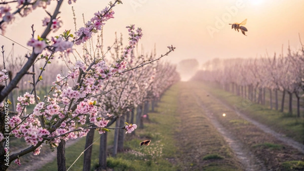 Fototapeta A honey bee approaching blooming cherry blossoms in an orchard at sunrise, symbolizing pollination, springtime, and the beauty of nature.