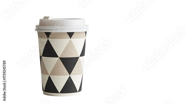 Fototapeta Disposable Coffee Cup with Geometric Triangle Pattern and White Lid