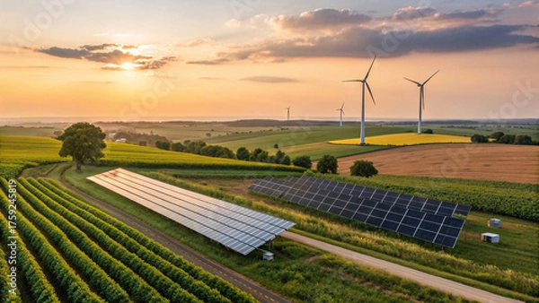 Obraz Aerial view of renewable energy landscape with solar panels and wind turbines on farmland at sunset, symbolizing sustainable power and green technology.