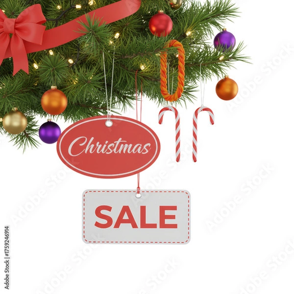 Fototapeta Festive Christmas Tree Display with Ornaments and Sale Sign on Isolated Transparent Background