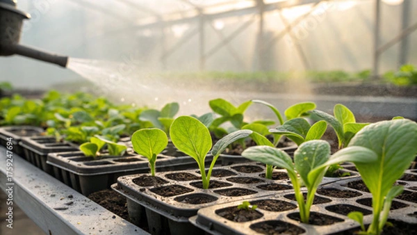 Fototapeta Young melon seedlings growing in pots under gentle sunlight and irrigation, symbolizing fresh growth, agriculture, and sustainable farming practices.