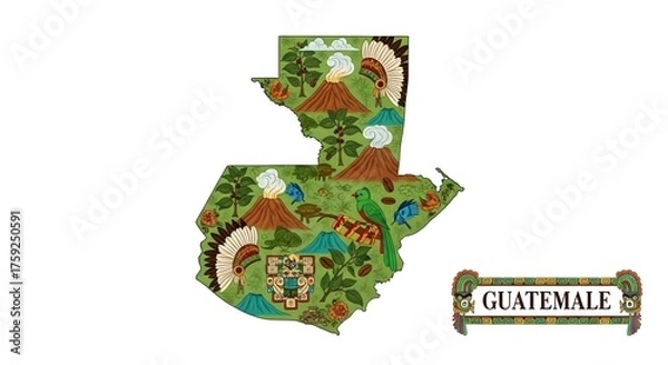 Obraz Detailed folk art illustration of the map of Guatemala, featuring iconic national symbols, flora, fauna, and cultural heritage on a white background