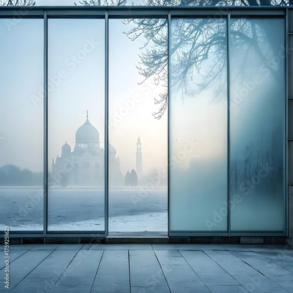 Fototapeta Hazy Taj Mahal Through Winter Window: Tranquil Scene, Architectural Silhouette, Frosty Glass, Minimalist Design, Serene View, Cold Weather, Historic Landmark, Asian Architecture