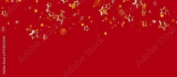 Fototapeta Elegant red background with floating golden stars and snowflakes, ideal for holiday themes and Christmas celebrations. Perfect for festive desig
