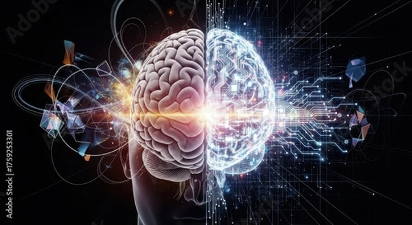 Obraz Digital Brain Half Organic Half Digital Glowing Circuits With Lights In Dark Background