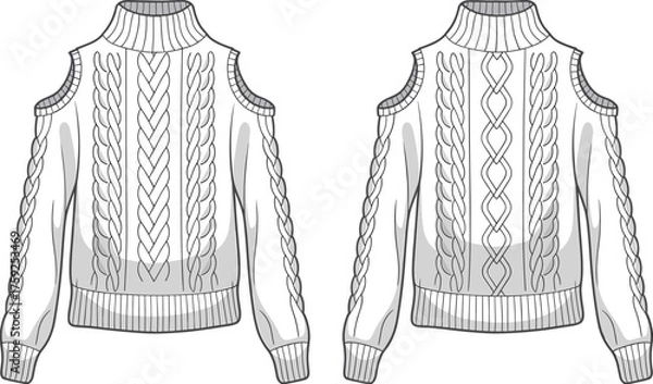 Fototapeta Knitted sweater, cable knit, open shoulder, ribbed collar, fashion sketch, garment design, winter wear, cad drawing, flat vector illustration