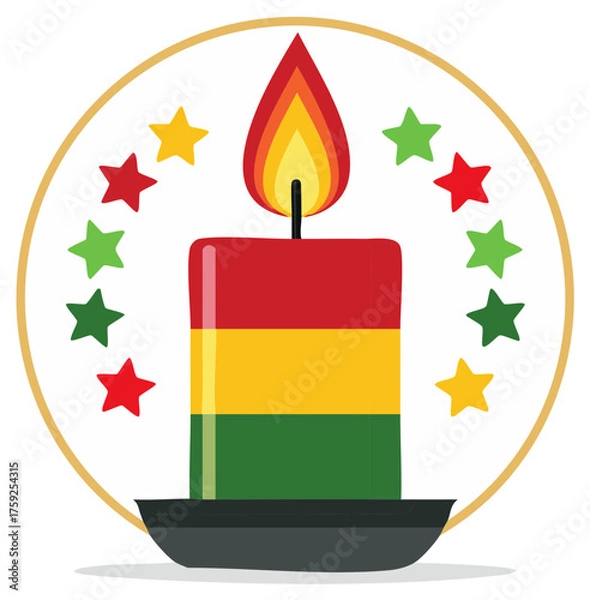 Fototapeta Vibrant Kwanzaa celebration candle illustration featuring red yellow green stripes and festive stars in a golden circle