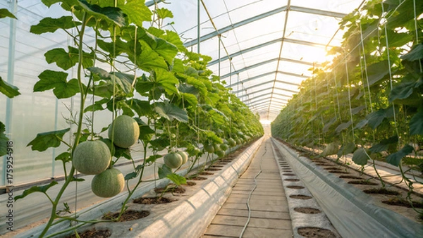 Obraz Close-up of green melons growing in a modern greenhouse, showcasing sustainable agriculture, organic farming, and fresh fruit cultivation under controlled conditions.