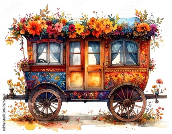 Fototapeta Vintage gypsy wagon with floral painted panels and windows high resolution picture