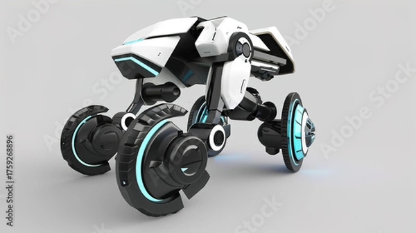 Fototapeta Close-up of Intelligent Wheeled Robot, Showing Mechanical Structure and Tech Sense