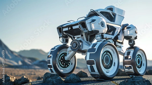 Fototapeta Close-up of Intelligent Wheeled Robot, Showing Mechanical Structure and Tech Sense