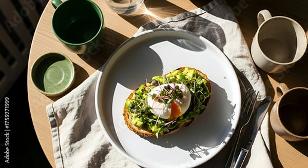 Fototapeta Delicious avocado toast with a poached egg, ready for a healthy and satisfying breakfast