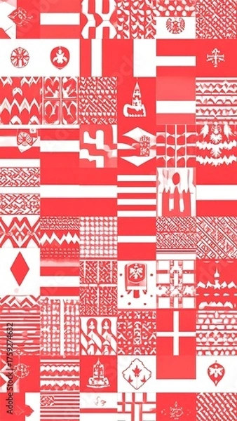 Fototapeta Red and white abstract design composed of numerous flag-like shapes