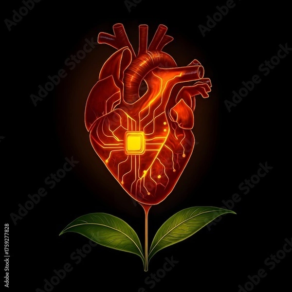 Fototapeta Cybernetic heart pulsing above a mango leaf 