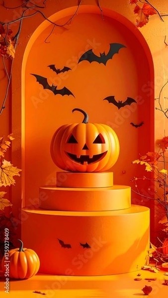 Fototapeta A vibrant Halloween scene with an orange carved pumpkin, bats, and autumnal foliage on a layered pedestal and background