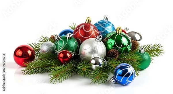 Obraz A festive arrangement of colorful Christmas ornaments and pine branches on a white background.