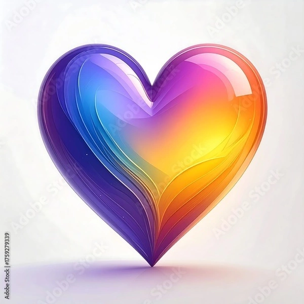 Fototapeta A vibrant, heart-shaped design featuring a seamless gradient of colors, including blues, purples, pinks, oranges, and yellows. It has a glossy, polished look