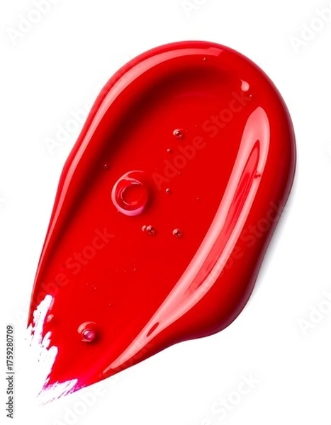 Fototapeta A vibrant, high-angle macro shot features a luscious, glossy red paint smear, showcasing texture and bubbles against white