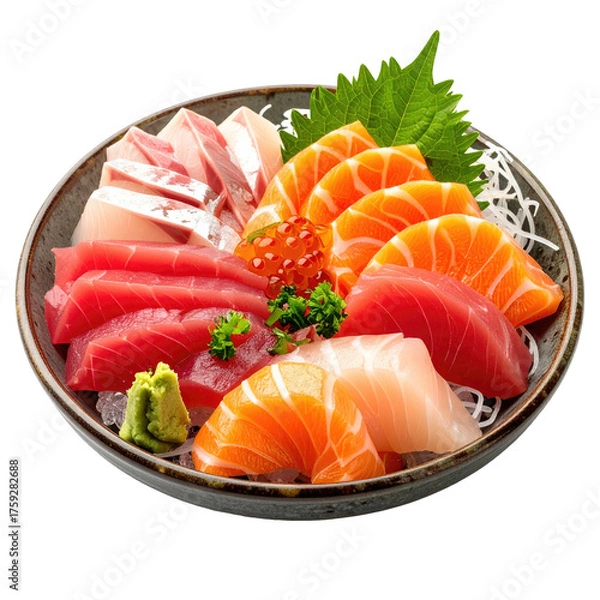 Fototapeta A bowl of artfully arranged sashimi, showcasing various raw fish cuts