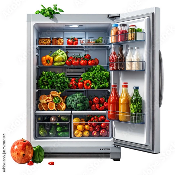 Fototapeta Open refrigerator filled with colorful produce, fruits, vegetables, and condiments