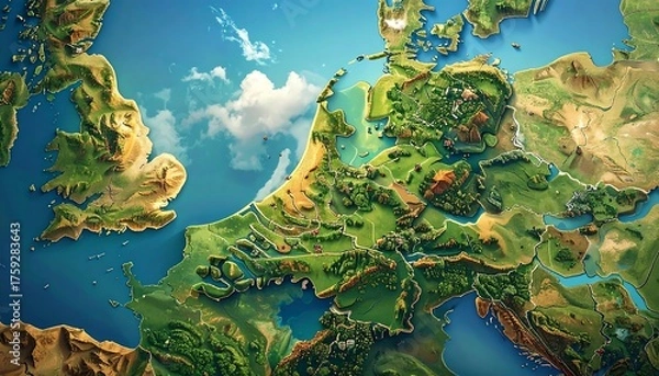 Fototapeta A vibrant, illustrated map depicting the geography of Europe, highlighting coastlines, elevations, and land cover, featuring a cartoonish aesthetic