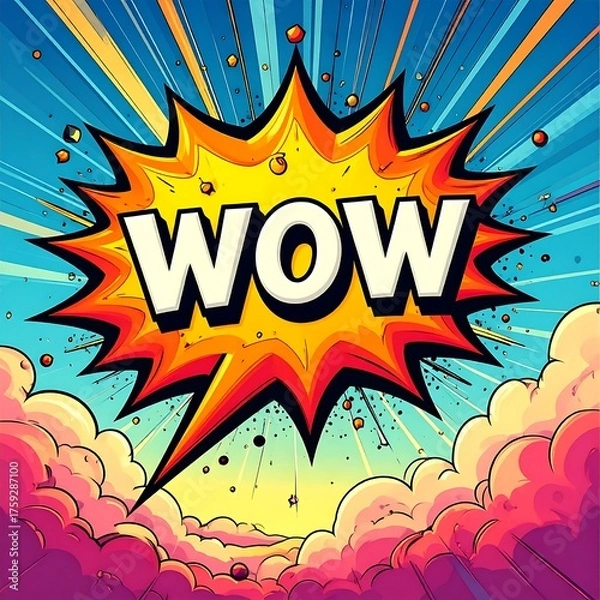 Fototapeta A vibrant illustration depicts a comic book-style "WOW" explosion, against a background of radiating light and fluffy clouds
